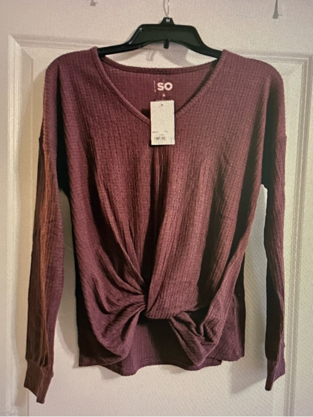 SO Plum Ribbed Twist-Front Long Sleeve Top